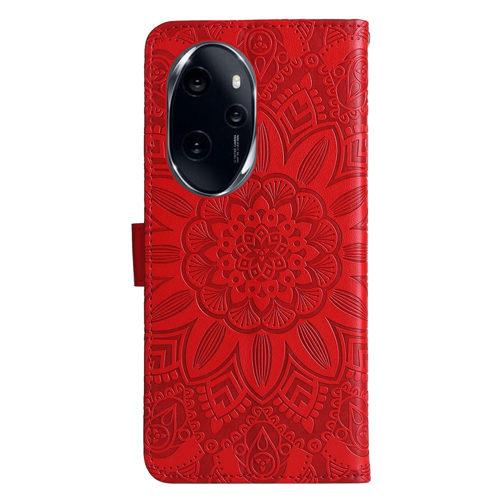 Honor 100 Pro Sunflower Embossed Leather Wallet Phone Case with Kickstand and Card Holder