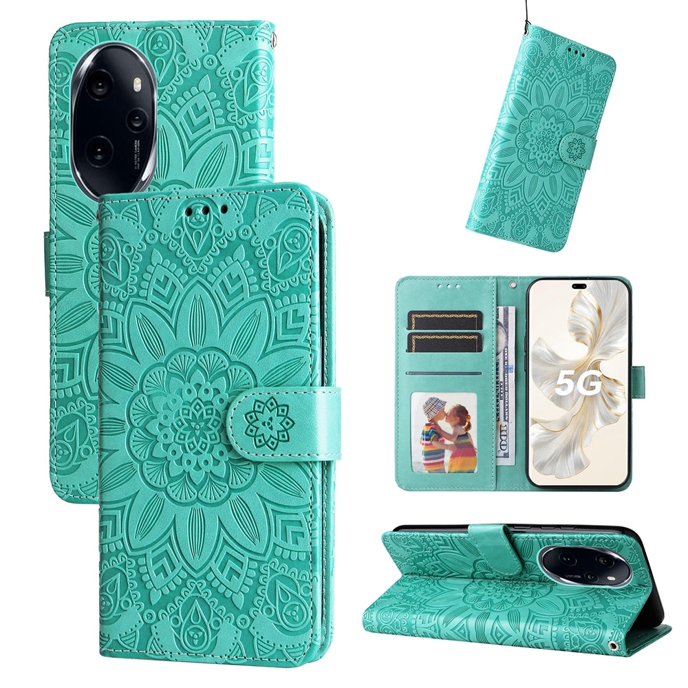 Honor 100 Pro Sunflower Embossed Leather Wallet Phone Case with Kickstand and Card Holder