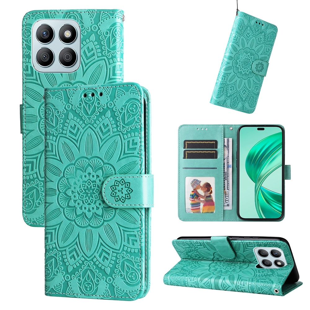 Honor X8b Sunflower Embossed Leather Wallet Phone Case with Kickstand and Card Holder