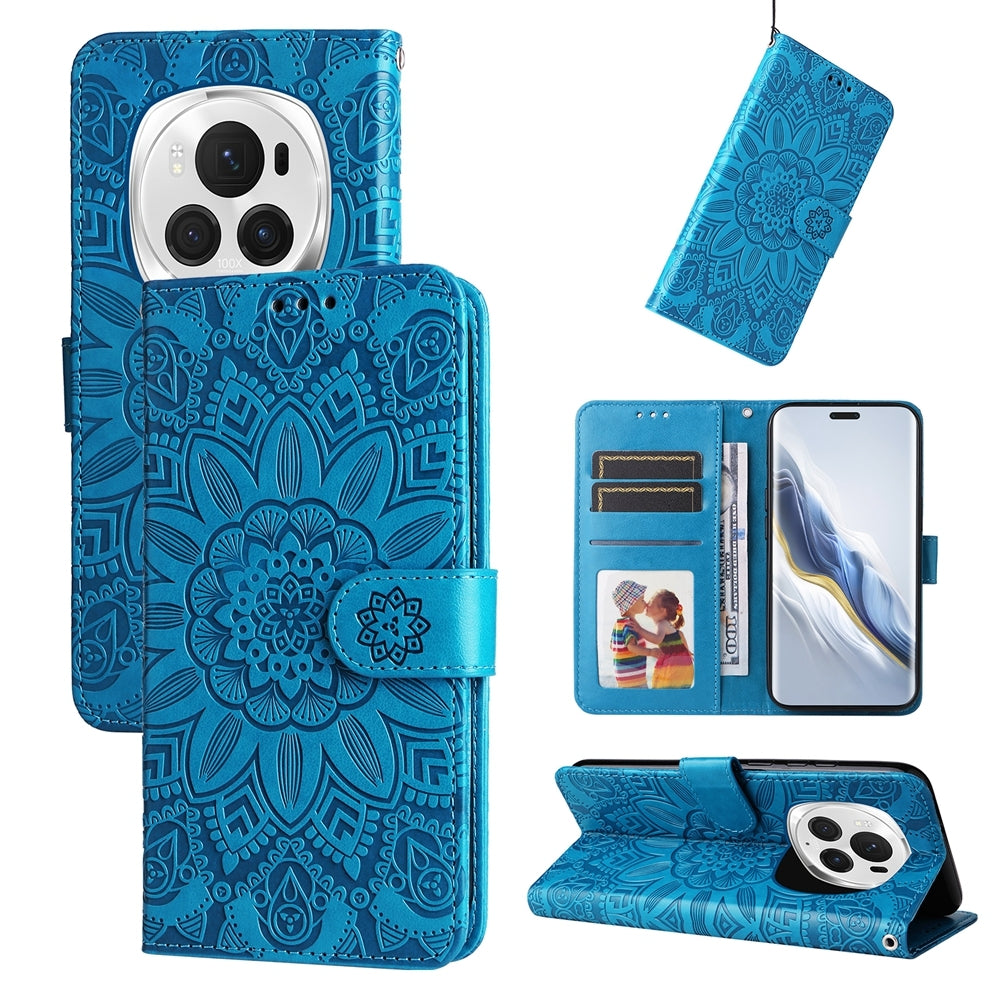 Honor Magic6 Pro Sunflower Embossed Leather Wallet Phone Case with Kickstand and Card Holder