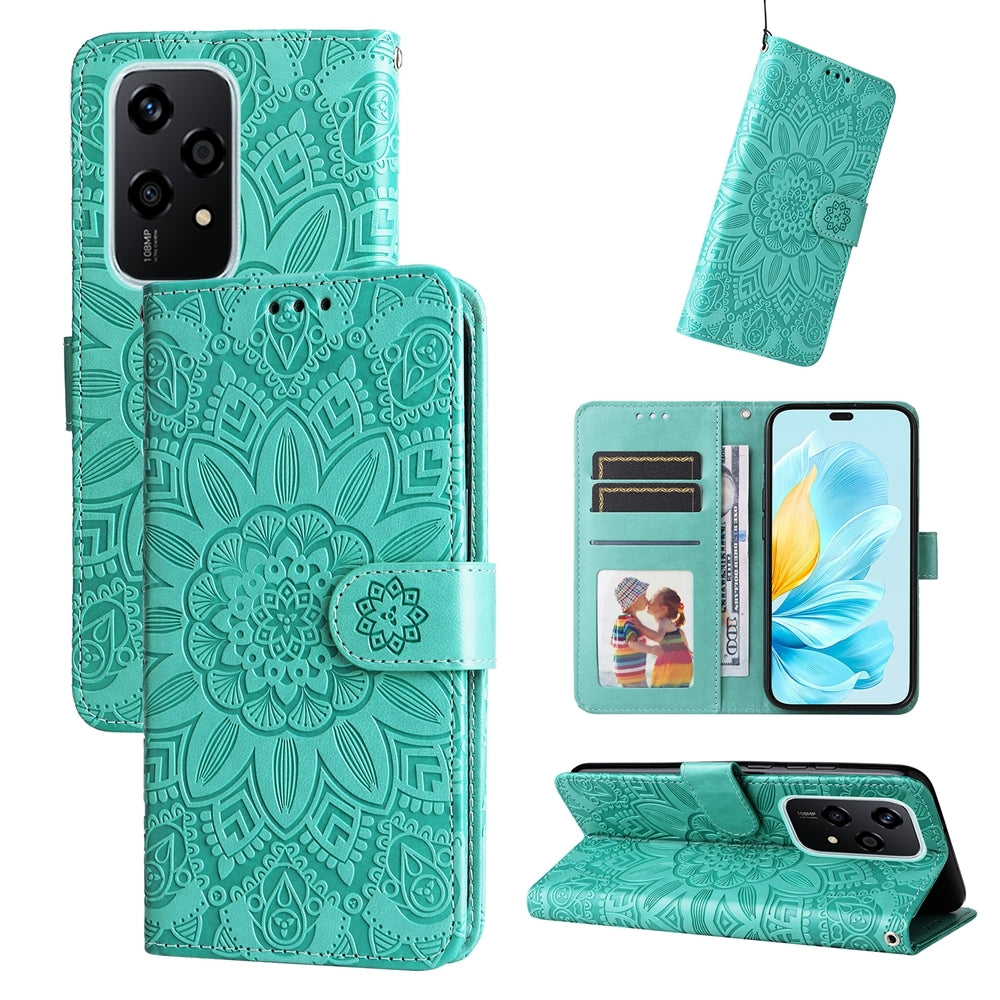 Honor 200 Lite Global Sunflower Embossed Leather Wallet Phone Case with Kickstand and Card Holder