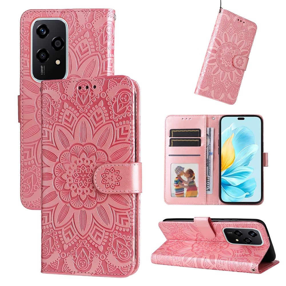 Honor 200 Lite Global Sunflower Embossed Leather Wallet Phone Case with Kickstand and Card Holder