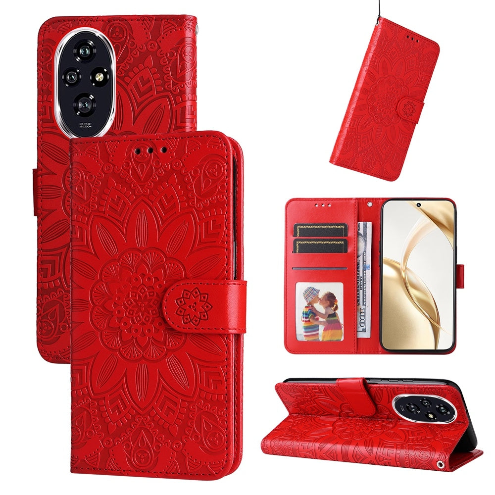 Honor 200 Sunflower Embossed Leather Wallet Phone Case with Kickstand and Card Holder