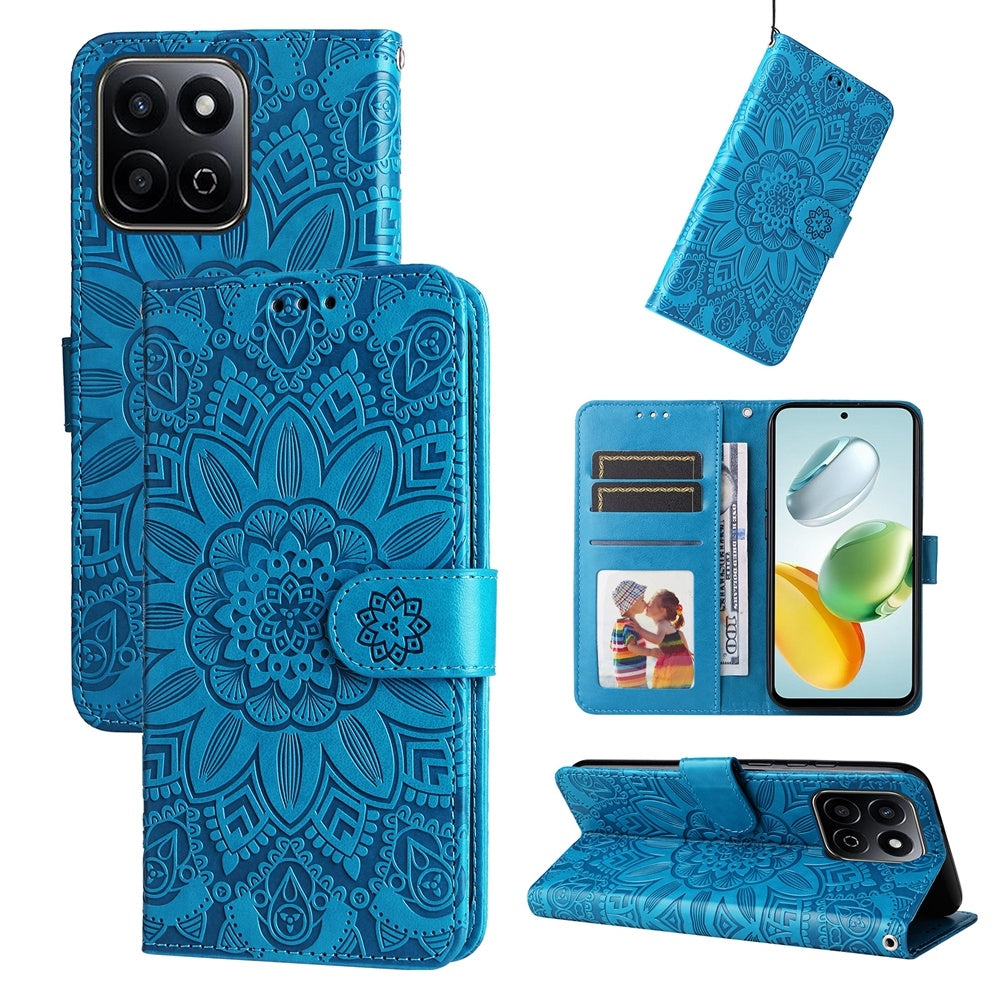 Honor Play 60 Plus Sunflower Embossed Leather Wallet Phone Case with Kickstand and Card Holder