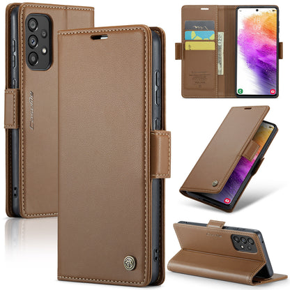 Samsung Galaxy A73 5G Leather Case - RFID Anti-Theft Litchi Texture with Butterfly Buckle, Card Slot, Wallet, Stand Feature