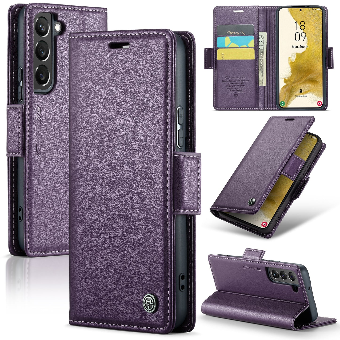 Samsung Galaxy S22+ 5G Case - RFID Anti-theft Leather, Butterfly Buckle, Card Slot, Stand - Litchi Texture