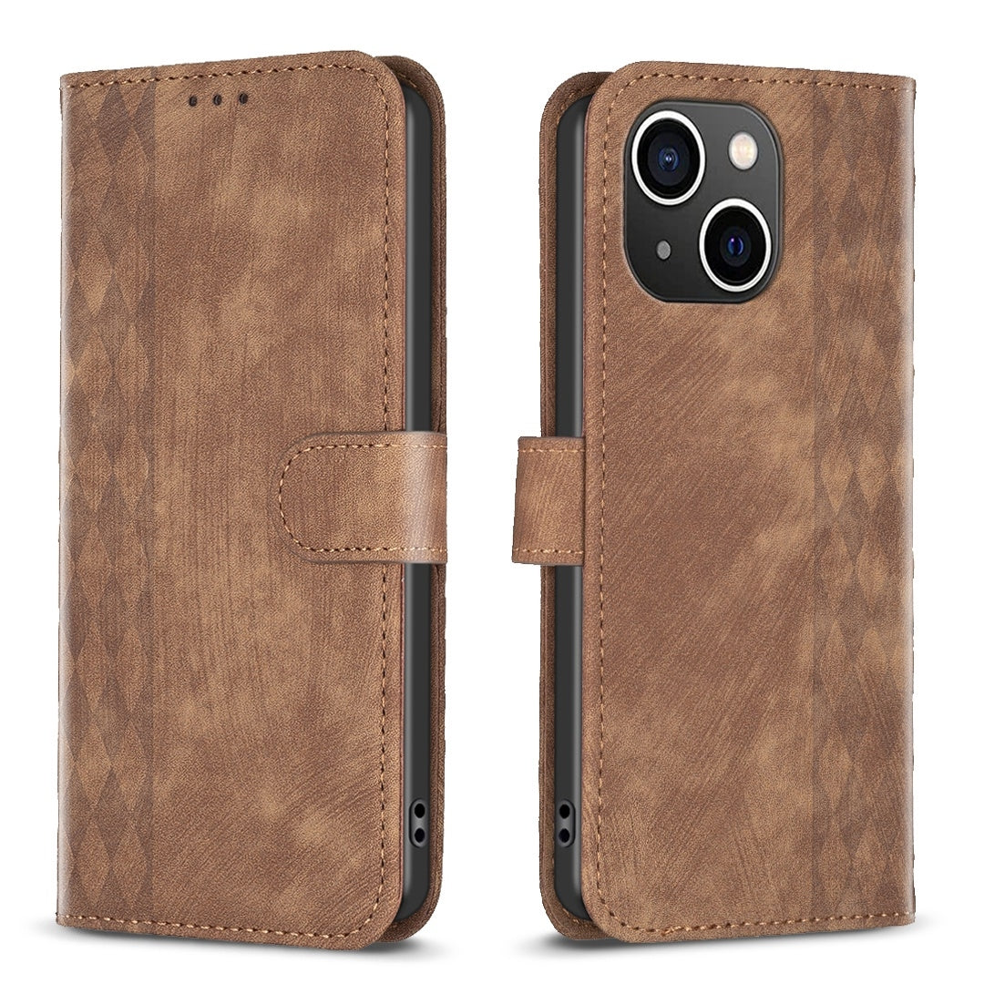 iPhone 14 Case - Embossed Plaid Leather Wallet Cover with Card Slots, Kickstand, and 360 degree Protection