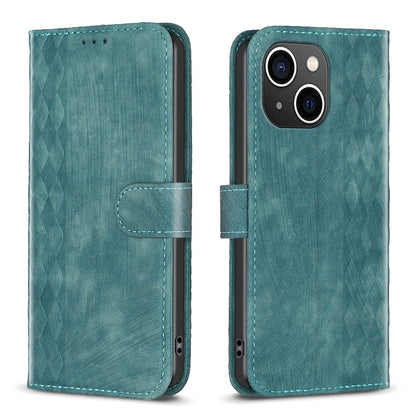 iPhone 14 Case - Embossed Plaid Leather Wallet Cover with Card Slots, Kickstand, and 360 degree Protection