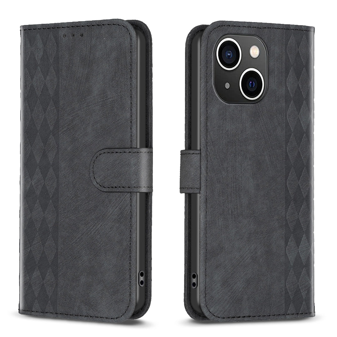 iPhone 14 Case - Embossed Plaid Leather Wallet Cover with Card Slots, Kickstand, and 360 degree Protection