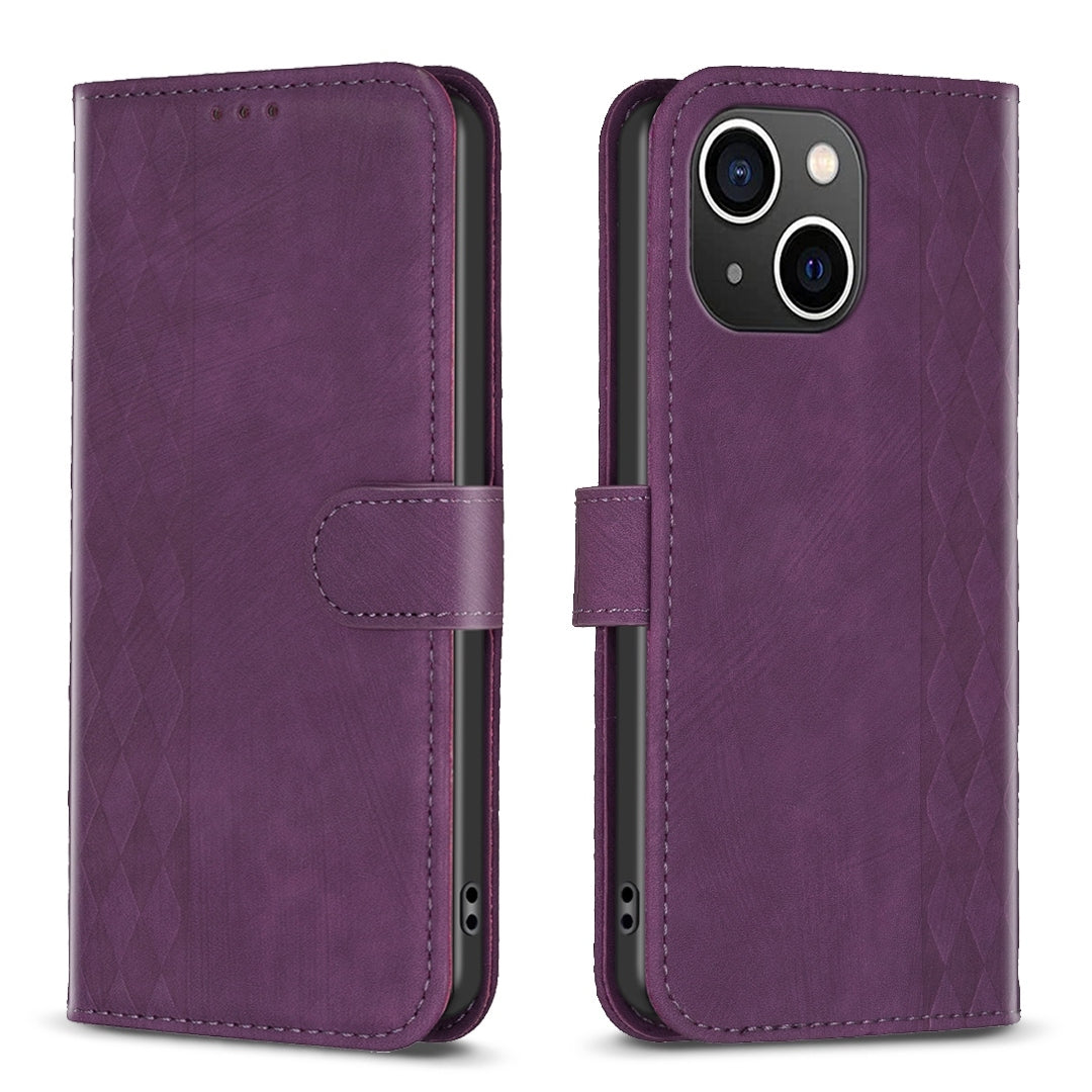 iPhone 14 Case - Embossed Plaid Leather Wallet Cover with Card Slots, Kickstand, and 360 degree Protection