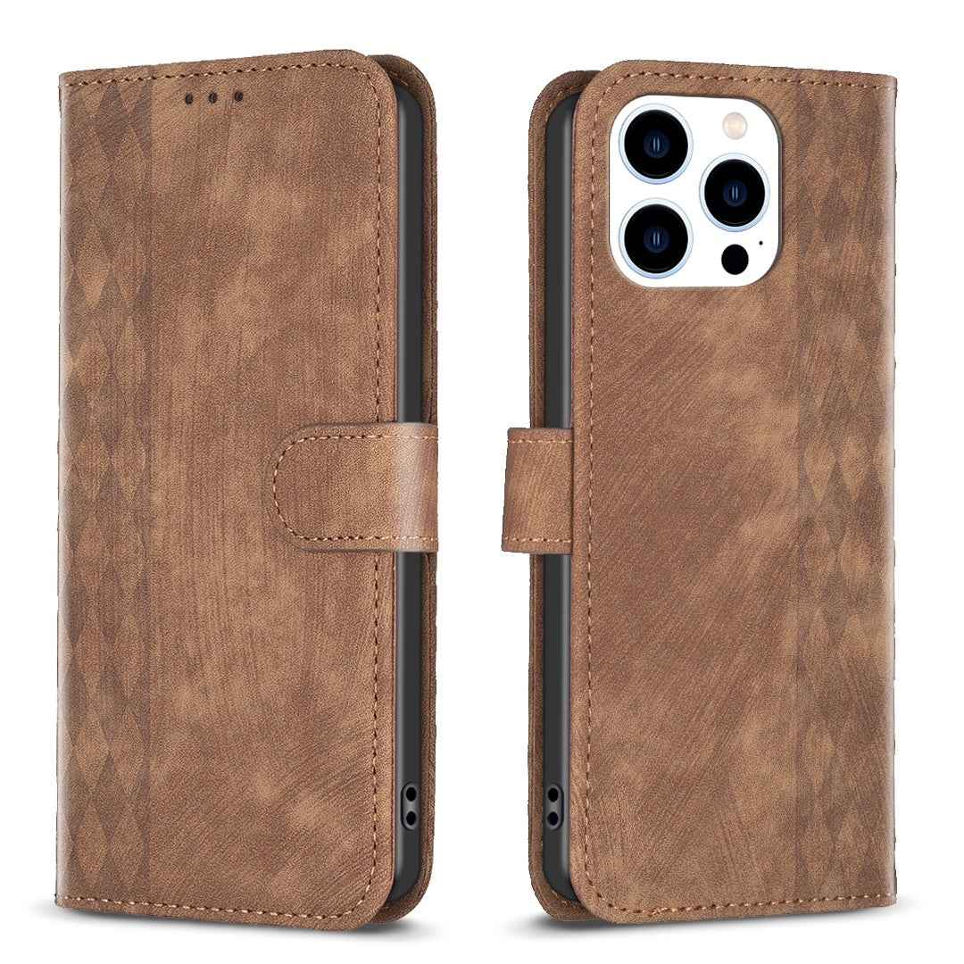 iPhone 14 Pro Case - Embossed Plaid Leather Wallet Cover with Card Slots, Kickstand, and 360 degree Protection