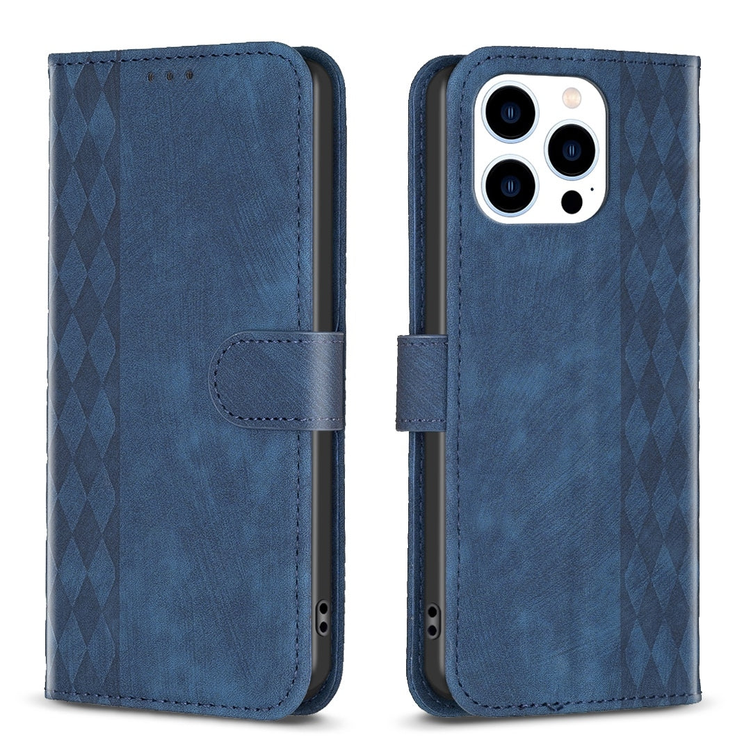 iPhone 14 Pro Case - Embossed Plaid Leather Wallet Cover with Card Slots, Kickstand, and 360 degree Protection