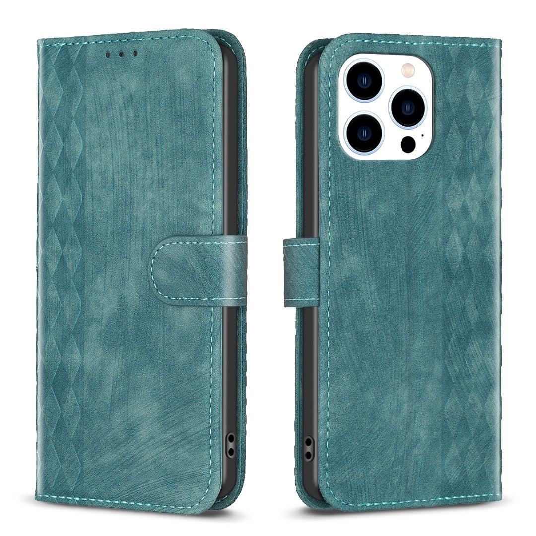 iPhone 14 Pro Case - Embossed Plaid Leather Wallet Cover with Card Slots, Kickstand, and 360 degree Protection