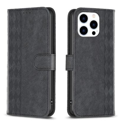 iPhone 14 Pro Case - Embossed Plaid Leather Wallet Cover with Card Slots, Kickstand, and 360 degree Protection