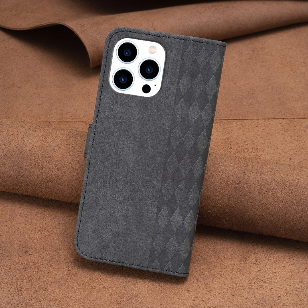 iPhone 14 Pro Case - Embossed Plaid Leather Wallet Cover with Card Slots, Kickstand, and 360 degree Protection