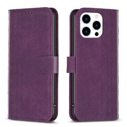 iPhone 14 Pro Case - Embossed Plaid Leather Wallet Cover with Card Slots, Kickstand, and 360 degree Protection