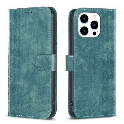 iPhone 14 Pro Max Case - Embossed Plaid Leather Wallet Cover with Card Slots, Kickstand, and 360 degree Protection