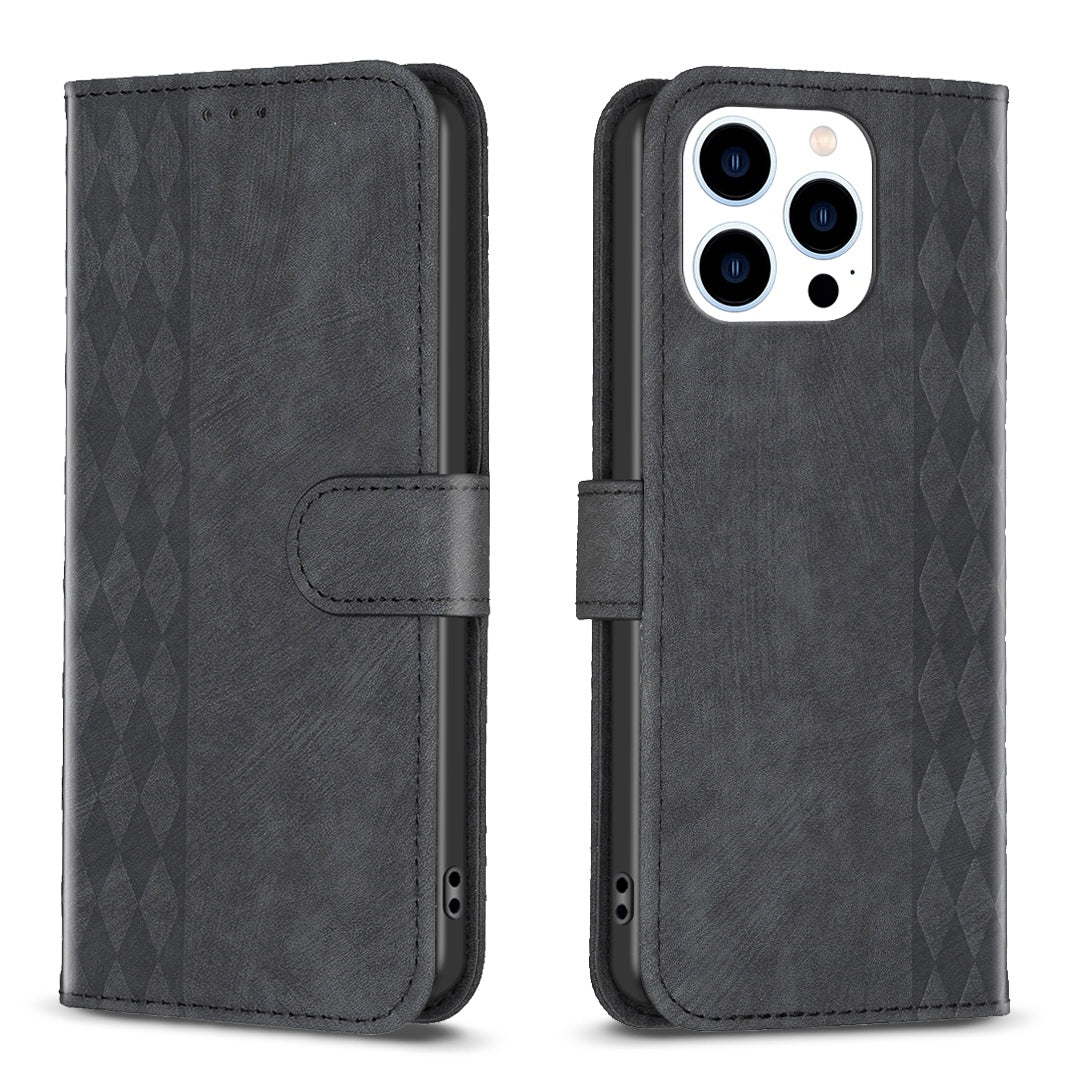 iPhone 14 Pro Max Case - Embossed Plaid Leather Wallet Cover with Card Slots, Kickstand, and 360 degree Protection