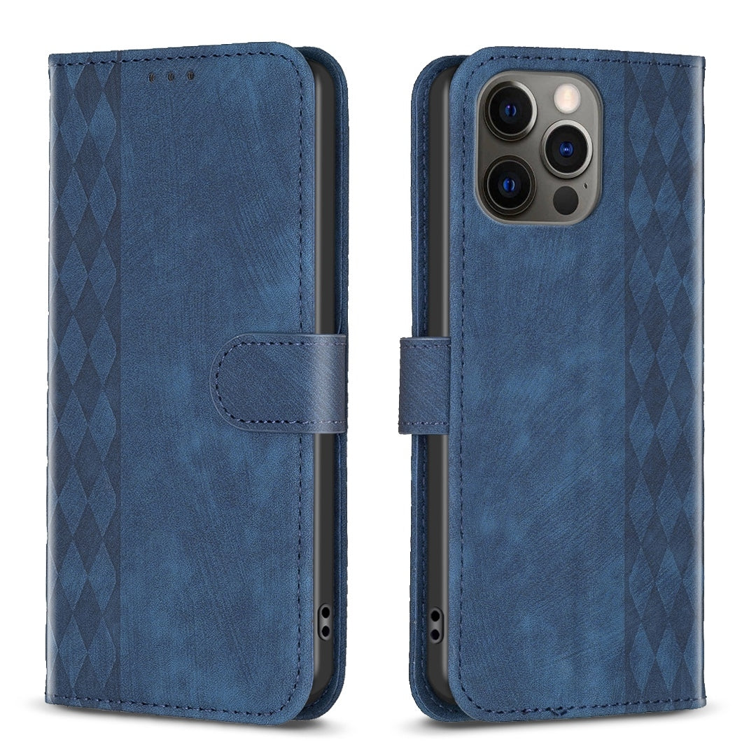 iPhone 12 Case - Embossed Plaid Leather Wallet Cover with Card Slots, Kickstand, and 360 degree Protection