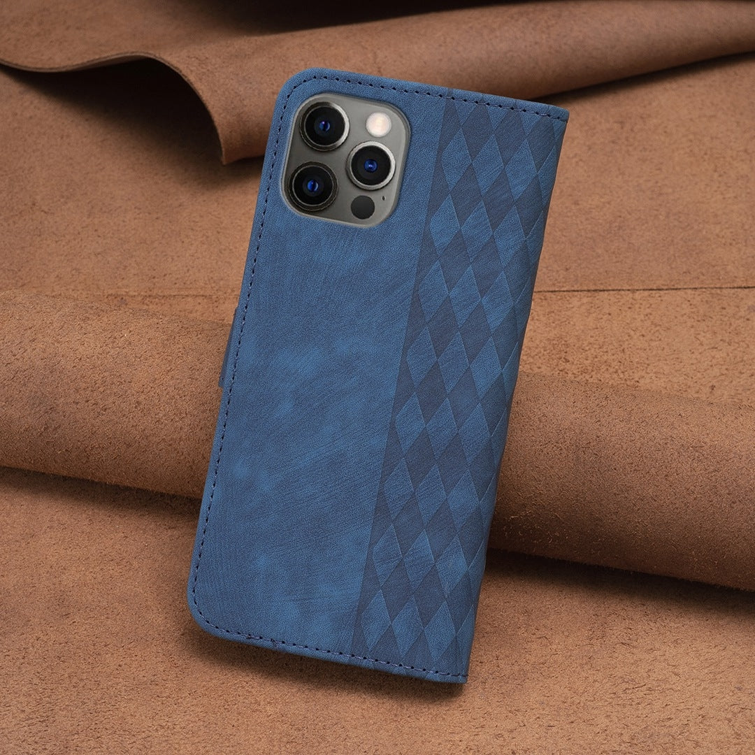 iPhone 12 Pro Case - Embossed Plaid Leather Wallet Cover with Card Slots, Kickstand, and 360 degree Protection