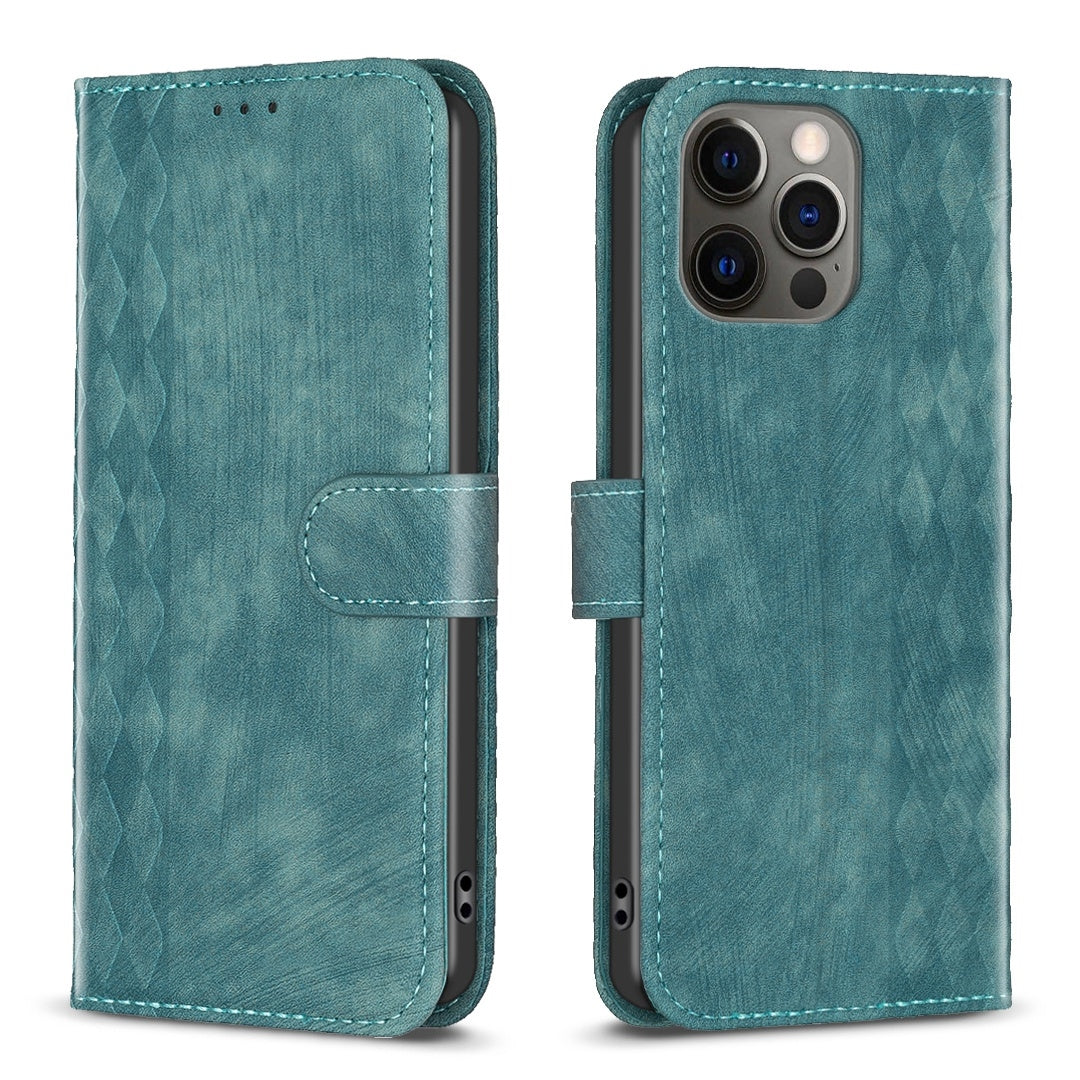 iPhone 12 Pro Case - Embossed Plaid Leather Wallet Cover with Card Slots, Kickstand, and 360 degree Protection