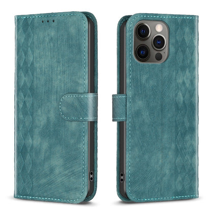 iPhone 12 Pro Case - Embossed Plaid Leather Wallet Cover with Card Slots, Kickstand, and 360 degree Protection