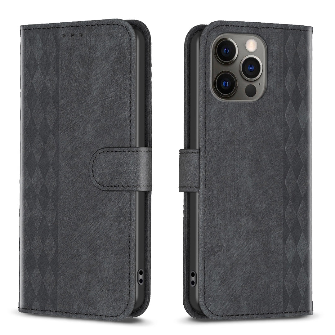 iPhone 12 Case - Embossed Plaid Leather Wallet Cover with Card Slots, Kickstand, and 360 degree Protection