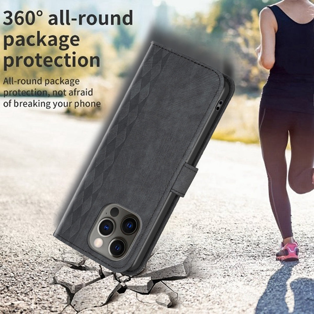 iPhone 12 Pro Case - Embossed Plaid Leather Wallet Cover with Card Slots, Kickstand, and 360 degree Protection