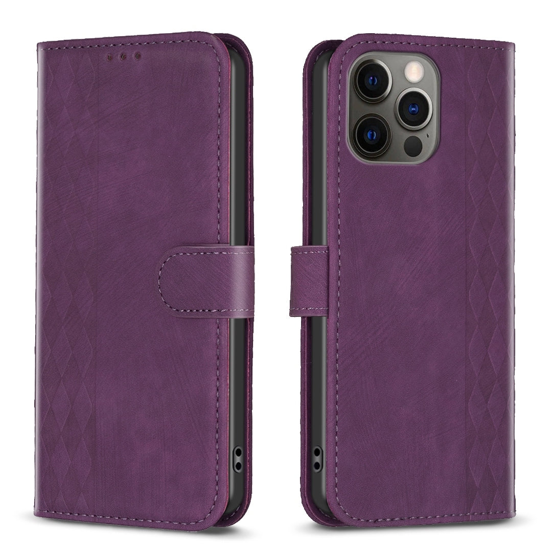 iPhone 12 Case - Embossed Plaid Leather Wallet Cover with Card Slots, Kickstand, and 360 degree Protection