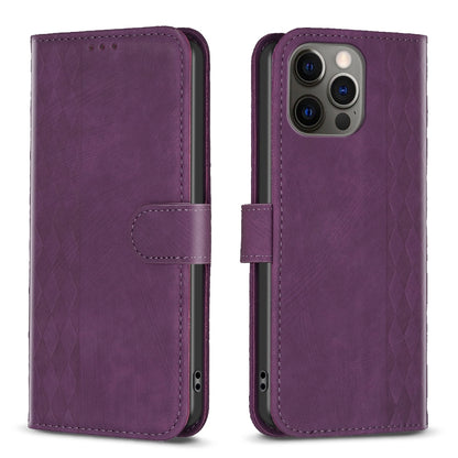 iPhone 12 Case - Embossed Plaid Leather Wallet Cover with Card Slots, Kickstand, and 360 degree Protection