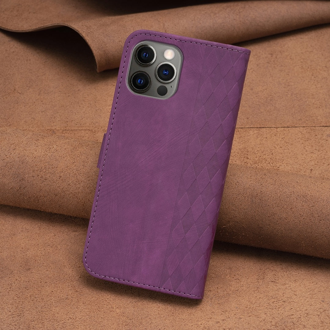 iPhone 12 Pro Case - Embossed Plaid Leather Wallet Cover with Card Slots, Kickstand, and 360 degree Protection