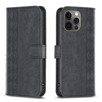 iPhone 12 Pro Max Case - Embossed Plaid Leather Wallet Cover with Card Slots, Kickstand, and 360 degree Protection