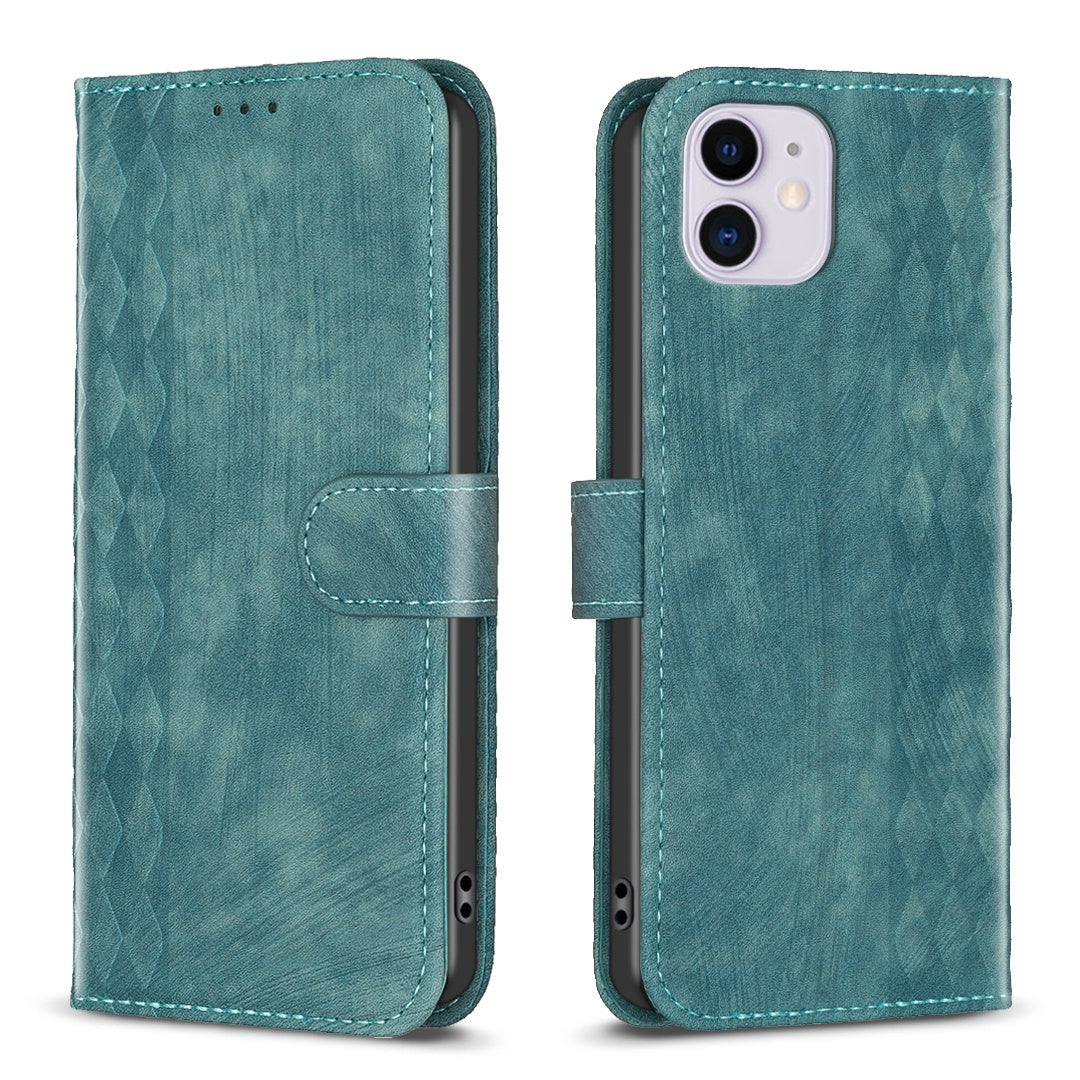 iPhone 11 Case - Embossed Plaid Leather Wallet Cover with Card Slots, Kickstand, and 360 degree Protection