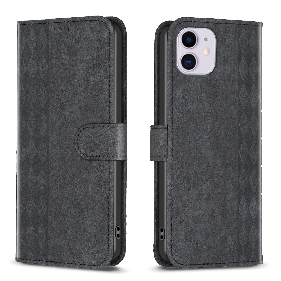 iPhone 11 Case - Embossed Plaid Leather Wallet Cover with Card Slots, Kickstand, and 360 degree Protection