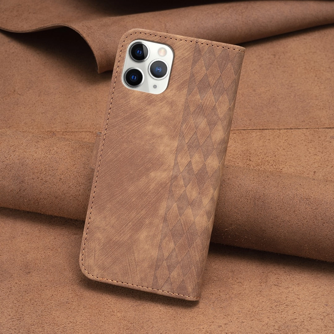 iPhone 11 Pro Case - Embossed Plaid Leather Wallet Cover with Card Slots, Kickstand, and 360 degree Protection