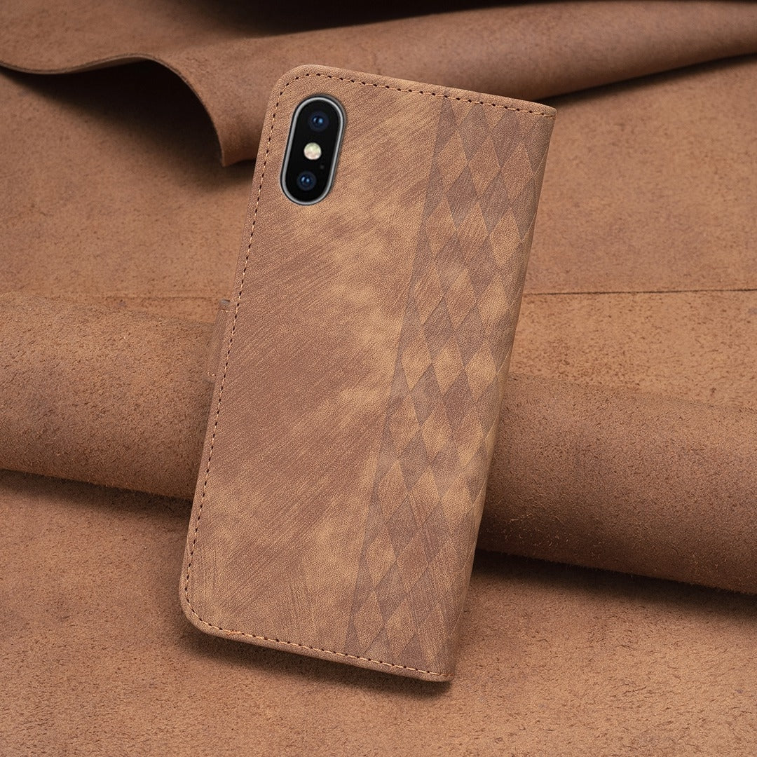 iPhone X Case - Embossed Plaid Leather Wallet Cover with Card Slots, Kickstand, and 360 degree Protection