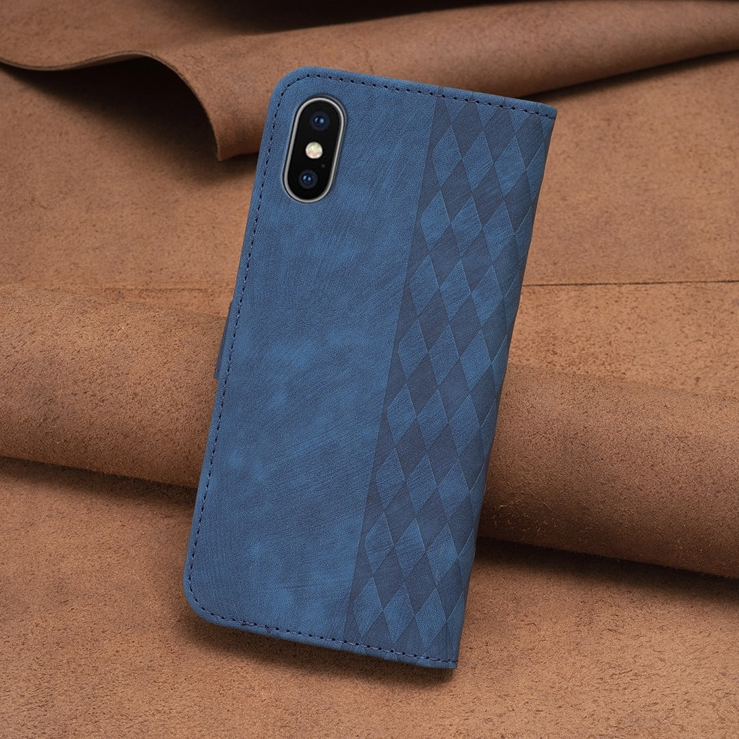 iPhone XS Case - Embossed Plaid Leather Wallet Cover with Card Slots, Kickstand, and 360 degree Protection