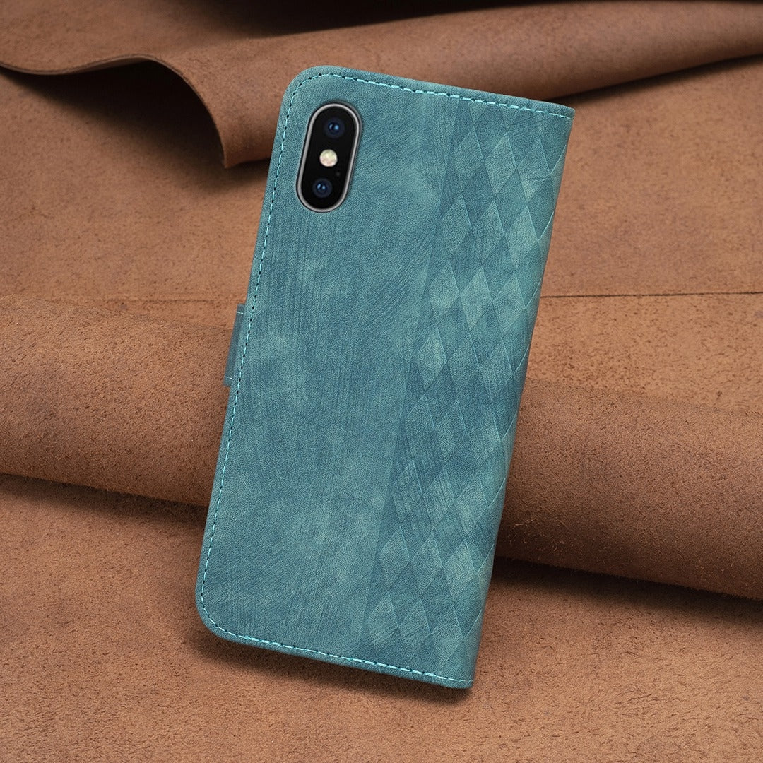 iPhone XS Case - Embossed Plaid Leather Wallet Cover with Card Slots, Kickstand, and 360 degree Protection