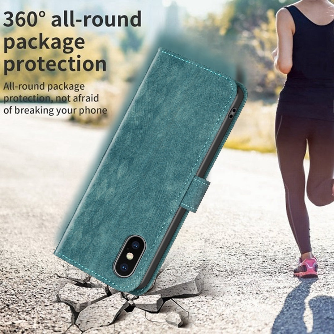 iPhone XS Case - Embossed Plaid Leather Wallet Cover with Card Slots, Kickstand, and 360 degree Protection