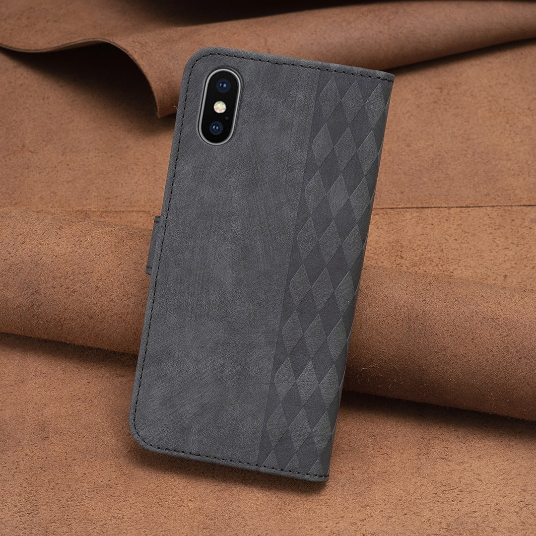 iPhone XS Case - Embossed Plaid Leather Wallet Cover with Card Slots, Kickstand, and 360 degree Protection