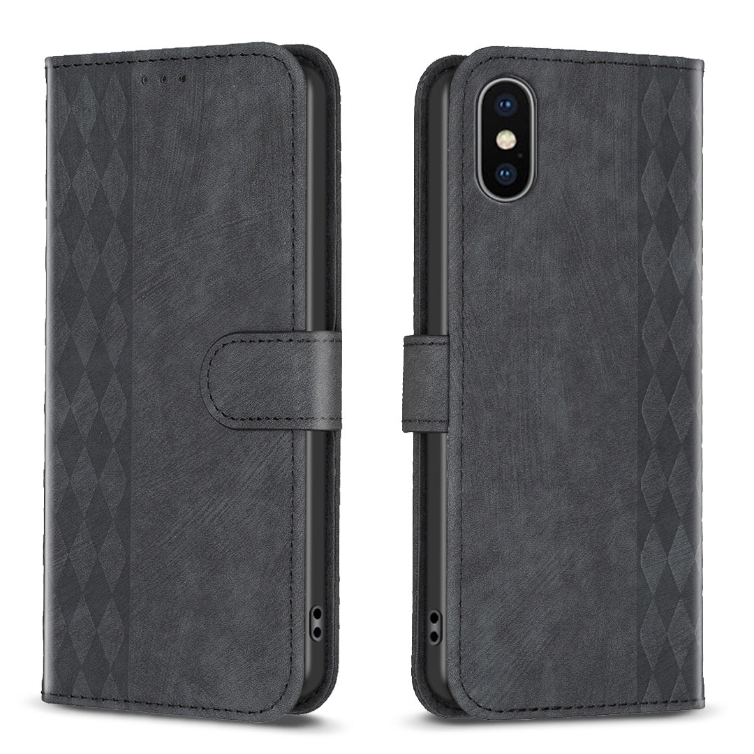 iPhone XS Case - Embossed Plaid Leather Wallet Cover with Card Slots, Kickstand, and 360 degree Protection