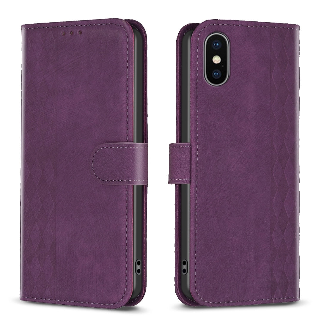 iPhone X Case - Embossed Plaid Leather Wallet Cover with Card Slots, Kickstand, and 360 degree Protection
