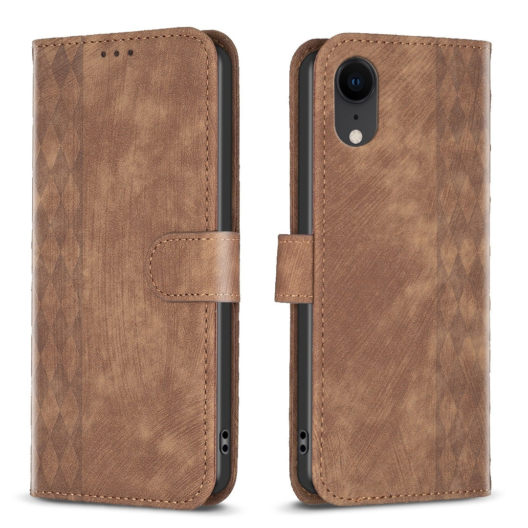 iPhone XR Case - Embossed Plaid Leather Wallet Cover with Card Slots, Kickstand, and 360 degree Protection
