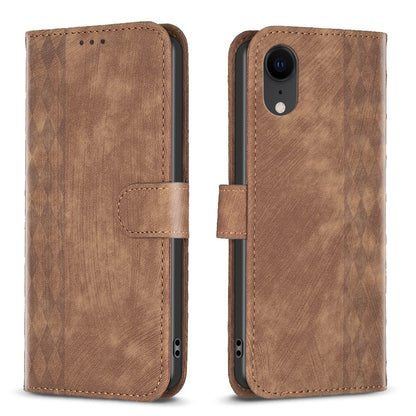 iPhone XR Case - Embossed Plaid Leather Wallet Cover with Card Slots, Kickstand, and 360 degree Protection