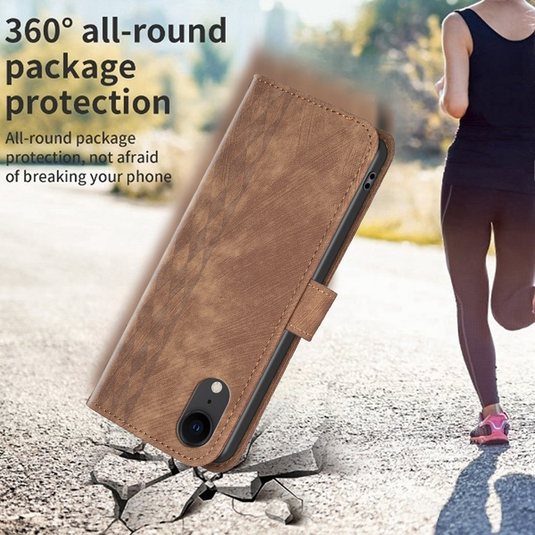 iPhone XR Case - Embossed Plaid Leather Wallet Cover with Card Slots, Kickstand, and 360 degree Protection