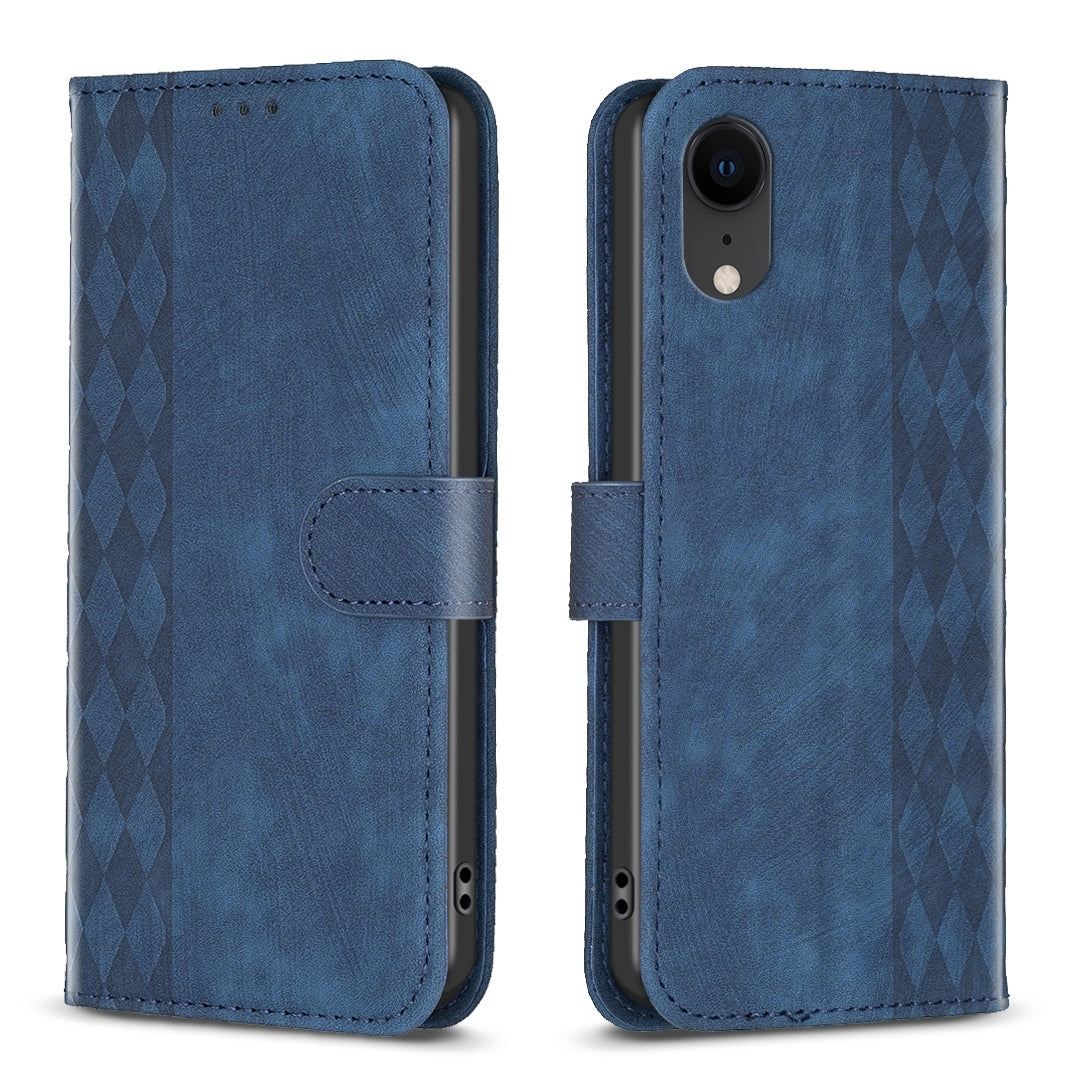 iPhone XR Case - Embossed Plaid Leather Wallet Cover with Card Slots, Kickstand, and 360 degree Protection