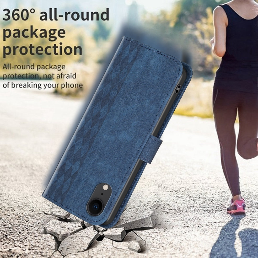 iPhone XR Case - Embossed Plaid Leather Wallet Cover with Card Slots, Kickstand, and 360 degree Protection