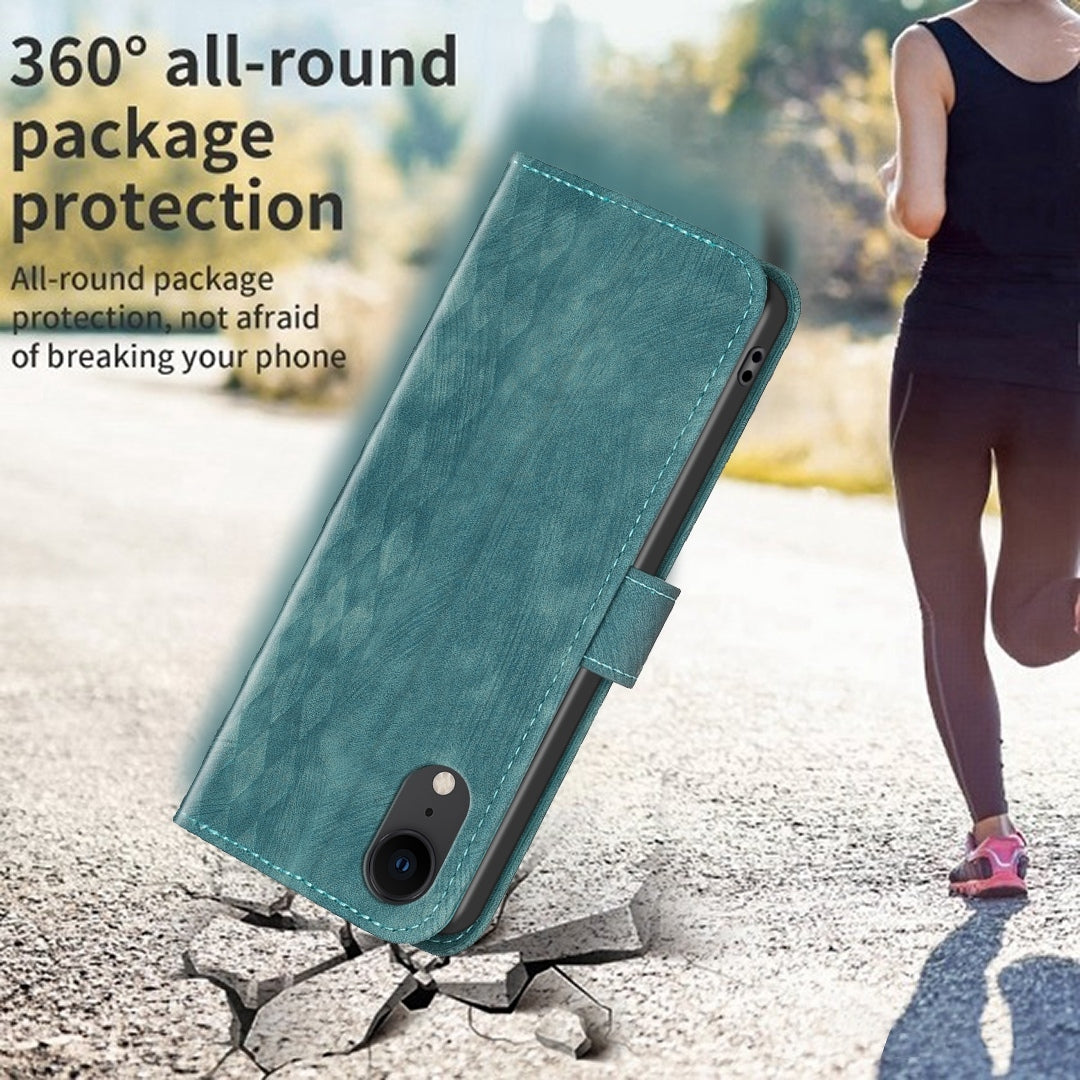 iPhone XR Case - Embossed Plaid Leather Wallet Cover with Card Slots, Kickstand, and 360 degree Protection