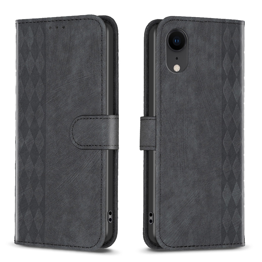 iPhone XR Case - Embossed Plaid Leather Wallet Cover with Card Slots, Kickstand, and 360 degree Protection