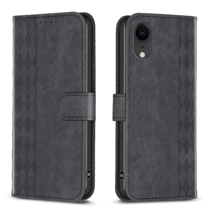 iPhone XR Case - Embossed Plaid Leather Wallet Cover with Card Slots, Kickstand, and 360 degree Protection